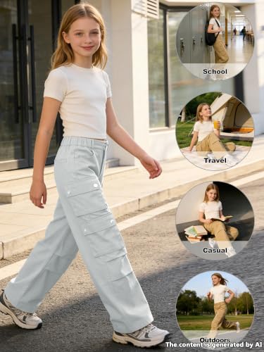 Image of SANGTREE Girls Wide Leg Cargo Pants Multi Pocket,6-14 Years | Cotton High Waist Baggy Trousers with Pockets Teen Y2K Streetwear School Pants| Back-to-school,Outdoor Play