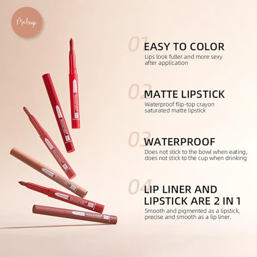 2-IN-1 Lip Liner Lipstick, Waterproof Creamy Lip Liner Long-lasting Lipstick, Matte Nude Lip Liners Lip Crayon Pen Built-in Sharpener, Non-fading Non-Stick Cup Lipsticks for Women - Image 6