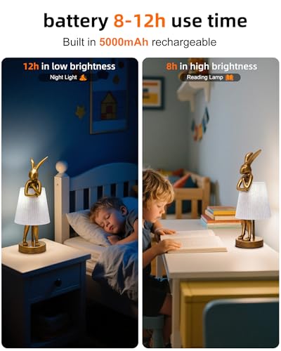 Bunny Rabbit Cordless Table Lamp – 5000mAh Rechargeable Battery Powered LED Night Light Cute Vintage Animal Desk Bedside Lamp with Linen Shade for Kids Room Nursery Home Decor Gift (Pattern)