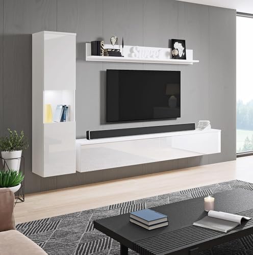 MINIO go for it - Wohnwand Parma, 3-Teilig Set, mit LED Beleuchtung, Hängend oder Stehend, Highboard, Lowboard, Wandboard, Laminierte Spannplatte, Weiß matt/Weiß Hochglanz MINIO go for it - Wohnwand Parma, 3-Teilig Set, mit LED Beleuchtung, Hängend oder Stehend, Highboard, Lowboard, Wandboard, Laminierte Spannplatte, Weiß matt/Weiß Hochglanz