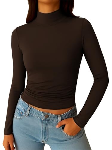 ForeFair Womens Mock Turtleneck Long Sleeve Going Out Tops Ruched Double Lined Tight Basic Tee Shirts(XS Dark Brown)