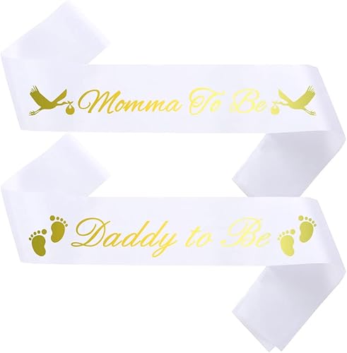 CoolerthingsDG paquete de banda para baby shower Momma To Be y Daddy To Be con bonita imagen de cigüeña letras blancas y doradas decoraciones para