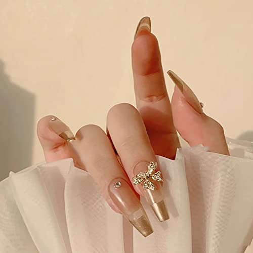 Ezpieces Fake Nails with Glue, Press on Nails Long Coffin Nails, 3D Bow Gold Acrylic Nails Artificial French Tip for Women/Daily/Party, 24PCS/Set(Champagne)