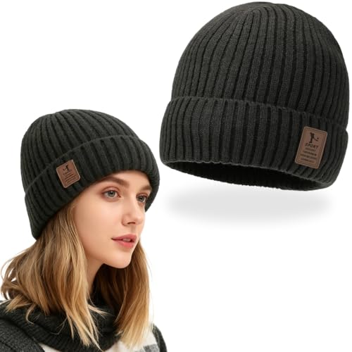 EJRUP Gorro de inverno homem e mulher de lã mineral, com forro polar, inverno térmicos gorro beanie de malha, macio e elástico, gorro de malha grosso (cinzento escuro)
