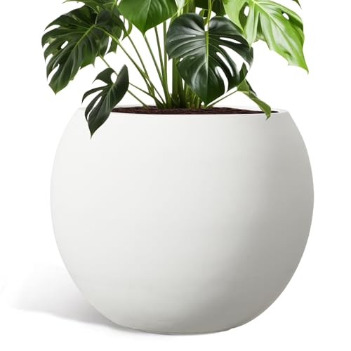 DSNAPE Large Round Planter with Drainage Hole, 13.7''H × 17.7''D Sphere Planter Indoor Plant Flower Pot for Outdoor Garden Patio Home, White