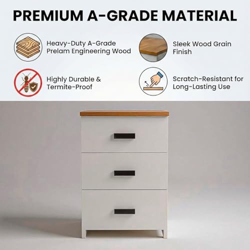 Image of FFO Bedside Table with Drawers | 1-Year Warranty | Modern 3-Drawer Bedside Table Storage Cabinet /Wooden Organizer Stand /End Table /Side Table for Bedroom /End Table for Bedroom 40x45x65 Cm /DIY Assembly