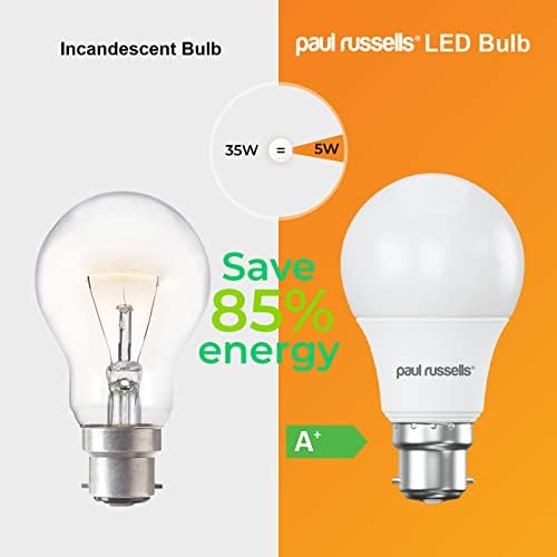 paul russells Bayonet Light Bulbs B22D, 40W Equivalent, Cool White / Natural White 4000K, 5W 400lm LED Bulb, BC A60 Classic GLS Standard Energy Saving Lightbulbs, Non-dimmable, Pack of 2