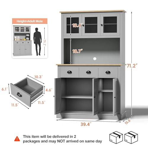 Image of MU 71 inch Kitchen Pantry Cabinet with Charging Station, Tall Pantry Hutch with Drawers, Countertop & Microwave Shelf, Food Storage Cabinet for Dining Room & Coffee Bar, Grey