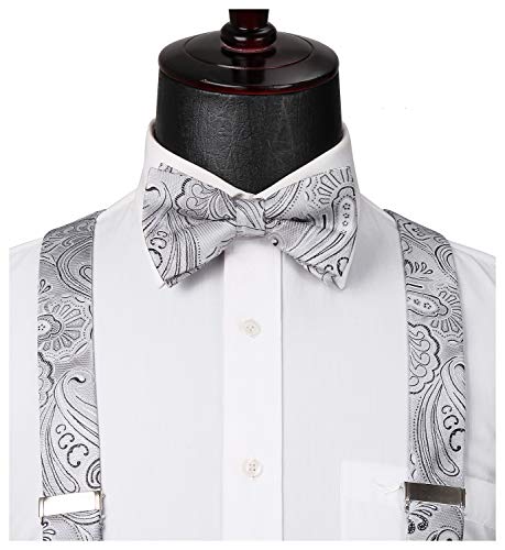 Image of HISDERN Suspenders for Men Paisley Floral Bow tie Suspender Pocket Square Sets Adjustable Y Shape 6 Clips Wedding Braces