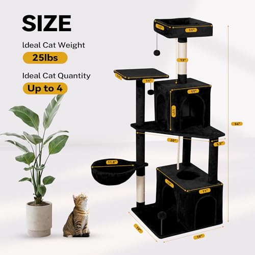 Image of 54inch Large Cat Tree Tower Condo with Hammock for Indoor Cats, Soft Plush Multi-Level Climbing Tree Cat House with Cat Cave, Scratching Post, Sisal Rope, Black