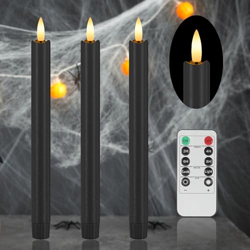 Image of Black Flameless Taper Candles with Remote and Timer, Real Wax Halloween LED Candles, 9.6 Inch Battery Operated Candlesticks for Party Home Festival Decor, 3 Pack