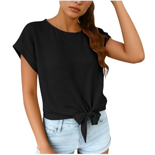 Image of T-Shirts Women UK Front Tie Knot Hem Short Sleeve Shirt Round Neck Rolled Cuff Casual Tee Solid Color Lightweight Summer Top for Ladies Crop Tops Y2K Fashion Work Blouse Daily Wear Black