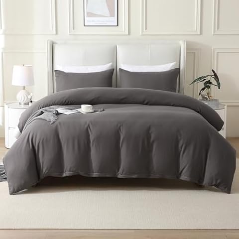 NOKOLULU Duvet Cover Twin Size - 3 Piece Duvet Cover Set (1 Comforter Cover & 1 Pillowcases) Soft Lightweight Washed Microfiber - Luxury Vintage Bedding Set with Zipper & Ties (Dark Gray, 68"x90") Cover