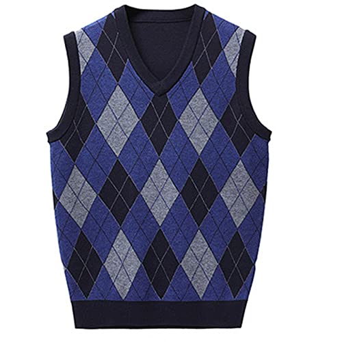 Men's Sleeveless V Neck Knit Pullover Vests Slim Fit Classic Casual Argyle Printed Sweater Vest Fall Waistcoat