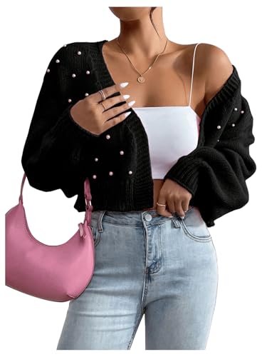 Image of SHENHE Women's Pearl Beaded Open Front Cardigan Oversize V Neck Drop Shoulder Cropped Sweater