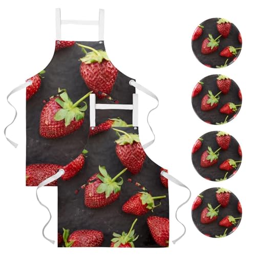 Lot de 2 tabliers de cuisine avec poches motif fraise multicolore
