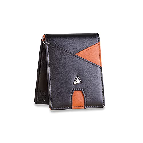 KJENIUS Botticelli Mini Carteras para Hombre Pequeña y Fina con Protección RFID | Billeteras para Hombre Pequeñas de Cuero Negro e Naranja | Minimalist Slim Wallet | Regalos para un Hombre Originales Cover