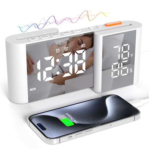 Lancoon Radio Despertador para Dormitorio FM Radio LED Espejo Reloj Snooze Puerto USB Cargador Volumen Brillo Ajustable Blanco