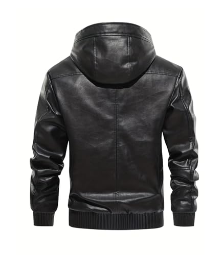 INVACHI Men’s Faux Leather Jacket Motorcycle Bomber Jacket with Hood Fleece Lined Windproof Winter Coat3
