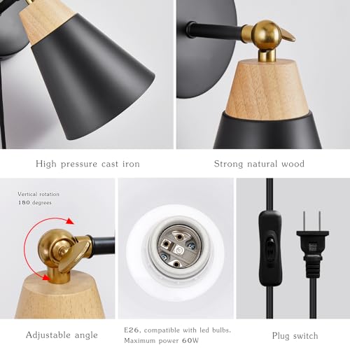 Image of Wall Sconce Set of 2, Wall Sconce with Metal Shade, Plug Switch, Indoor Decor Wall Mount Swing Arm Lamp for Bedroom,Hallway,Living Room,Reading, Black