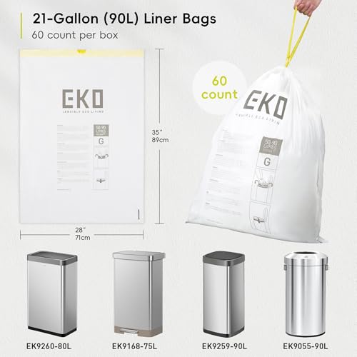 Image of EKO 21 Gallon / 50-90 Liter, 60 Count Drawstring Trash Bags, Extra-Strong Garbage Bags, Fresh Floral Scent with Continuous Odor Control, Easy-Dispense Roll for Kitchen and Household Use, Code G, White