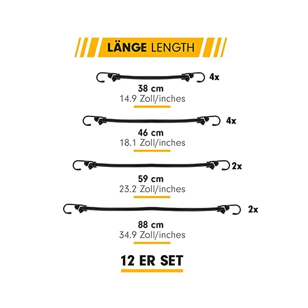 PRETEX 12er-Set Spanngummi mit Haken, in 4-LÃ¤ngen, schwarz - GepÃ¤ckspanner - Expander mit Haken - Spanngurte - extra stark fÃ¼r unterschiedliche GepÃ¤ckarten – Bild 3