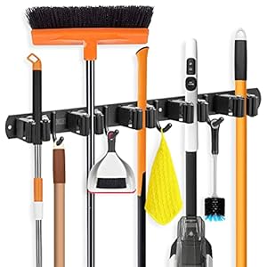 IMILLET Broom Holder Wall Mount, Broom Holder Stainless Steel Heavy Duty Garage Organization Broom Organizer Wall Mount Self Adhesive Laundry Room Organization and Storage（5 Racks and 4 Hooks）