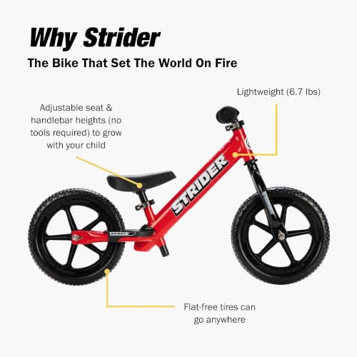 Image of Strider 12 Sport Bike, Red - No Pedal Balance Bicycle for Kids 1 to 4 Years - Includes Safety Pad, Padded Seat, Mini Grips, Flat-Free Tires -Easy Assembly, Tool-Free Adjustments