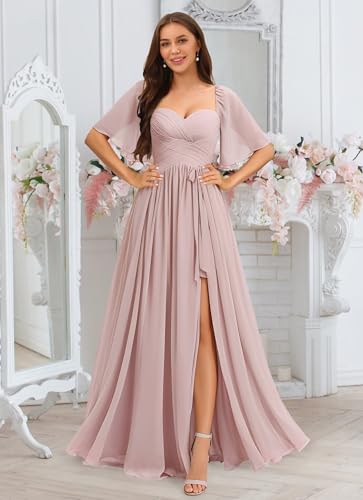 Women's Flutter Sleeves Chiffon Bridesmaid Dresses Long with Slit Ruched A Line Formal Dress with Pockets VS1753