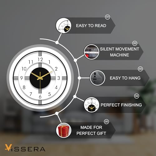 Image of vissera Designer Metal Wall Clock for Living Room | Antique Stylish Fancy Decorative Big Size Wall Watch for Bedroom, Office, Kitchen, Dining, Hall and Decor
