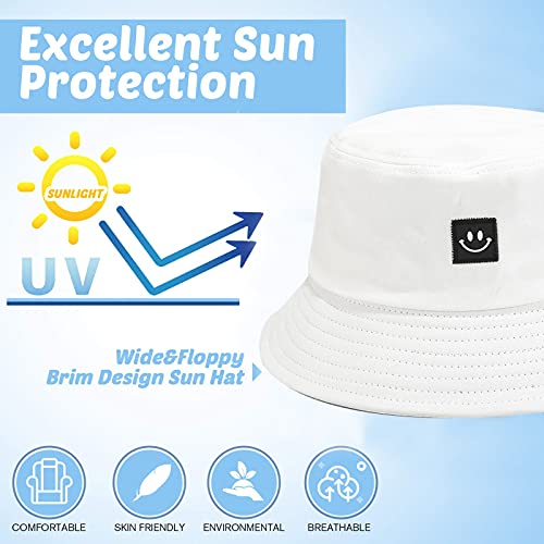 Kids Sun Hat Smile Face Bucket Hat For Girls Boys Summer Sun Protection Cotton Unisex Beach Cap(White) #TOP3