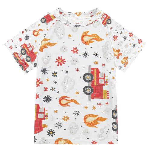 Boys Short Sleeve T-Shirts Fire Engine Truck Car Rashguard Kids Swim Shirts Sun UPF 50+ Multicoloured
