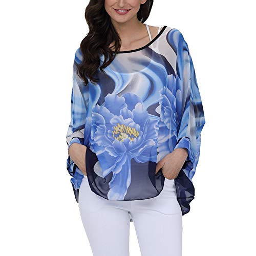 Image of Ckikiou Plus Size Batwing Flowy Semi Sheer Chiffon Blouse Tunic for Women Summer Floral Print Boho Beach Cover ups