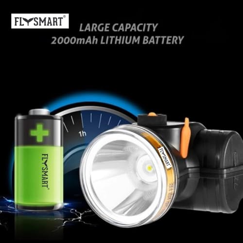 Image of Flysmart 100W Rechargeable LED Head Torch Headlight Upto 1km Range with 8 Hours Continous Light, Two Light Modes Feature for Farmers Camping Caving Hiking Trekking Cycling Running etc