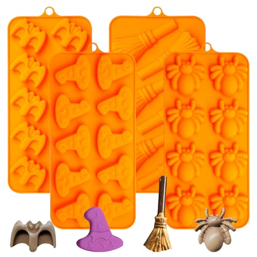 Halloween-Silikonformen für Schokolade 4er-Pack Süßigkeitenformen mit Fledermaus- Hexenhut- Besen- und Spinnenformen Orange