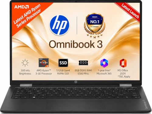 Image of HP OmniBook 3 14 inch Laptop PC, FHD Display, 300 NIts, AMD Ryzen 3 30, 8 GB DDDR5 RAM, 512 GB Gen4 NVMe SSD, AMD Radeon 610M Graphics, Win11, M365* Office24, Iron Gray, 14-hy0030AU