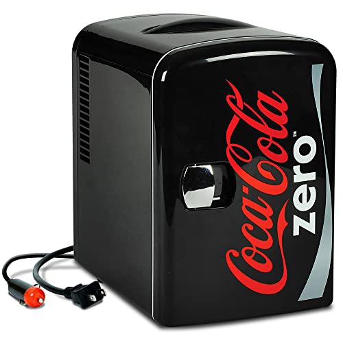 Coca-Cola Coke Zero 4L Mini Fridge Cooler/Warmer with 12V DC and 110V AC Cords 6 Can Portable Personal Travel Refrigerator for Snacks Drinks Cosmetics Desk Home Office Dorm Room Black