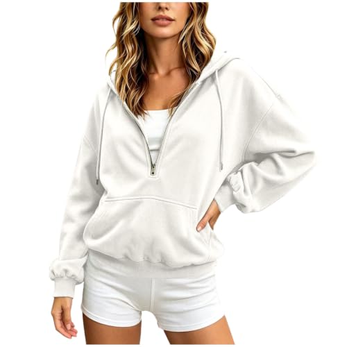 Women Fall And Winter Loose Fitting Hooded Sweatshirt Half Zip Pocket Soild Color Sweatshirt Hooded Top (White, L)