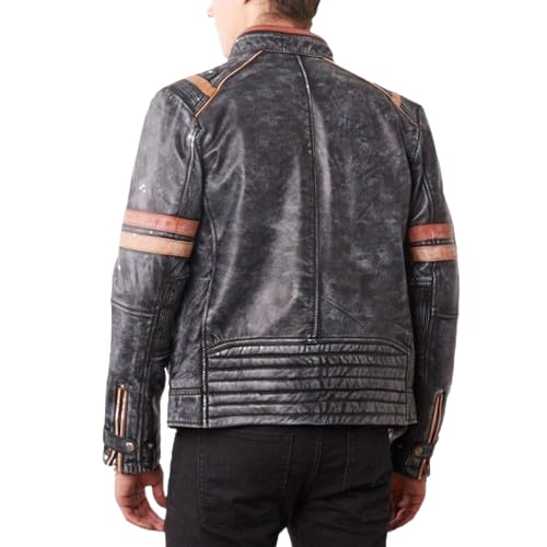 Image of Men's Leather Jacket Cafe Racer Biker Style Retro Stripes Jacket, Motorcycle Racing Leather Jacket Men