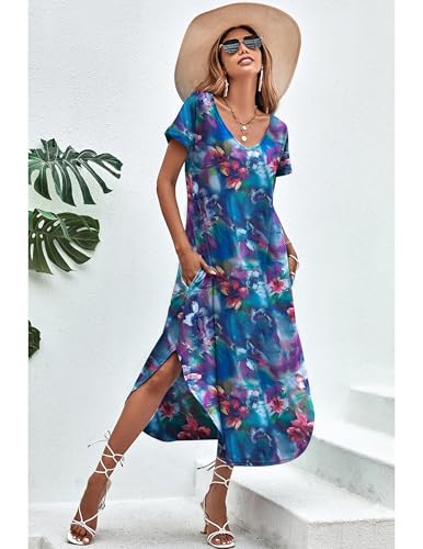 Image of Ekouaer Long Nightgowns for Women Short Sleeve House Dress with Pockets V Neck Sleepshirts Side Split Sleepwear S-4XL