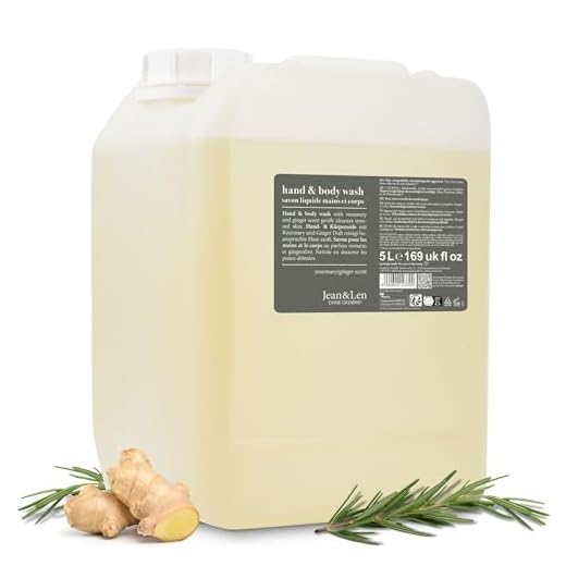 Jean & Len Hand & Body Wash Rosemary and Ginger in a canister, cleanses and cares for the skin, spicy-fresh fragrance, liquid soap in a refill canister, without silicones & parabens, 169,07 Fl Oz
