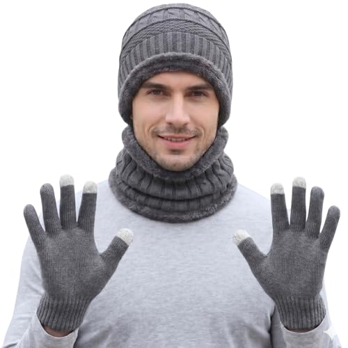 Image of Winter Knit Beanie, Hat, Neck Warmer Scarf and Woolen Gloves Set - Skull Cap for Men & Women (3 Piece)