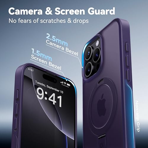 Image of CASEKOO Ultra-Magnetic Stand for iPhone 16 Pro Case, Shockproof, Purple | [Military Drop Protection] [Compatible with MagSafe] Translucent Matte Slim Ring Holder Case for iPhone 16 Pro 6.3 Inch