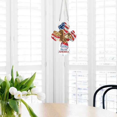 Image of God Bless America Diamond Painting Hanging Ornament - Patriotic Cross with Eagle & American Flag - DIY 5D Diamond Art Kit with Chain - Independence Day Home Decor - Handmade Beaded Sun Catcher Gift