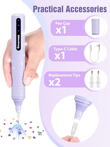 Image of Electric Diamond Painting Pen, Diamond Art Vacuum Pen Cordless | Rechargeable | Lightweight & Quiet | Metal Tips | Diamond Art Accessories for Adults | Tools Gifts for Gem Dimond Art Fans- Purple