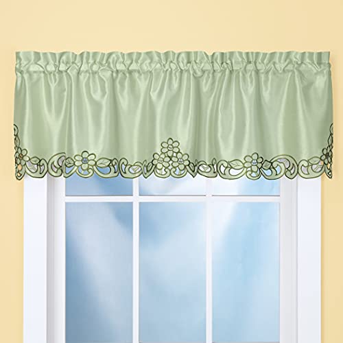 Collections Etc Elegance Scroll Embroidered Cut-Out Window Valance With Rod Pocket Top For Easy Hanging, 58" W X 13" L, Sage #TOP1