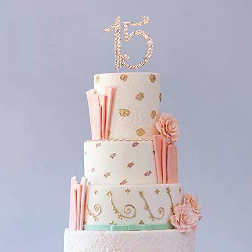Rose Gold Sweet 15 Birthday Cake Topper | Premium Crystal Rhinestone Diamond Bling Gems | Monogram Number Fifteen | 15Th Birthday Party Decoration Ideas | Perfect Keepsake (15 Rose Gold) #TOP4