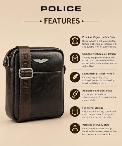 Image of Police Men's Premium Crossbody Sling Bag | Vegan Leather Finish | Lightweight & Compact Travel Shoulder Bag | Adjustable Strap | Multiple Compartments | Stylish Everyday Office & Casual Use | Brown