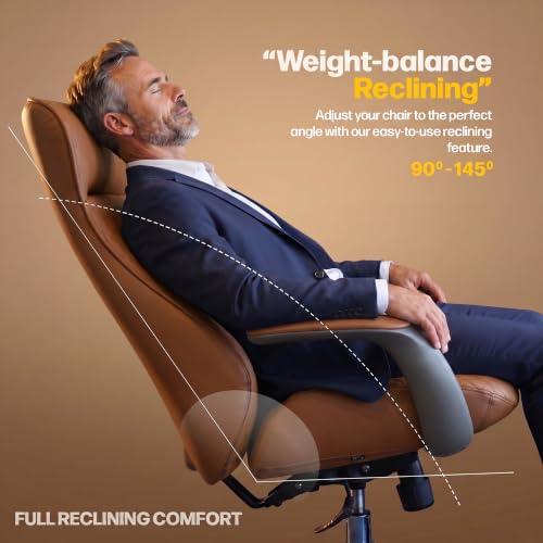 Image of DROGO Levante Ergonomic Office Chair for Work from Home with Bionic Curve Design | High Back Executive Boss Chair, Double Padded Armrest, Genuine Vegan Leather, Heavy Metal Base, 145 Recline (Tan)