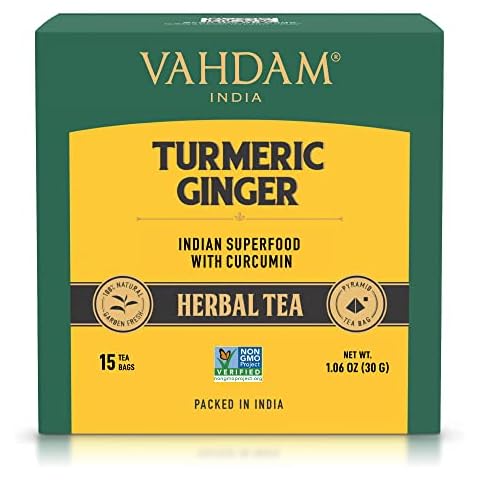 VAHDAM, Turmeric + Ginger Powerful SUPERFOOD Blend (15 Pyramid Tea Bag) Herbal Tea Bags, 100% Natural Ingredients- Turmeric & Ginger Tea | Brew as Hot or Iced Tea Cover